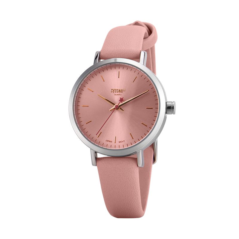 Reloj-de-color-rosa-con-toques-plateados-con-correa-en-material-tipo-cuero.