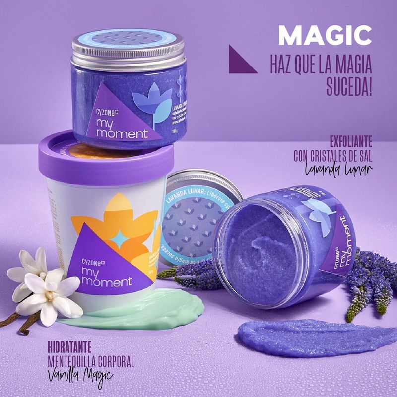 Linea-My-Moment-Magic-con-la-crema-hidratante-corporal-y-el-exfoliante-corporal-con-azucar-